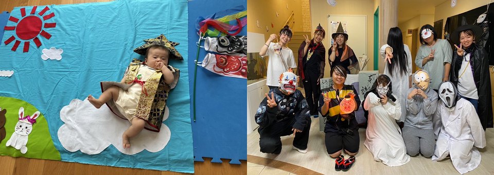 ねんねアートとハロウィンの仮装をした職員